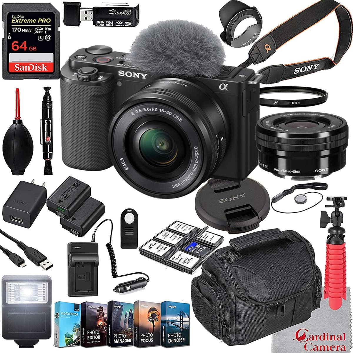 Sony ZV-E10 ILCZV-E10L/B Cámara Mirrorless con Lente 16-50mm (Negra) + Memoria 64GB Alta Velocidad + Accesorios Bundle