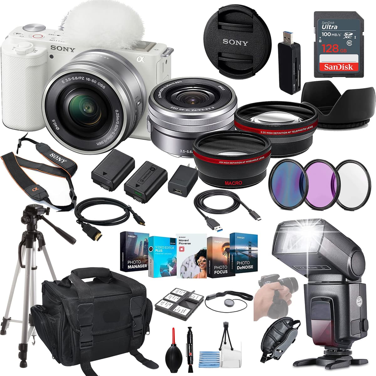 Sony ZV-E10 ILCZV-E10L/W Cámara Mirrorless con Lente 16-50mm (Blanco) Bundle - Kit Accesorios Premium: Memoria 128GB, Flash TTL, Batería, Software de Edición, Lentes Auxiliares y más ILCZV-E10/W