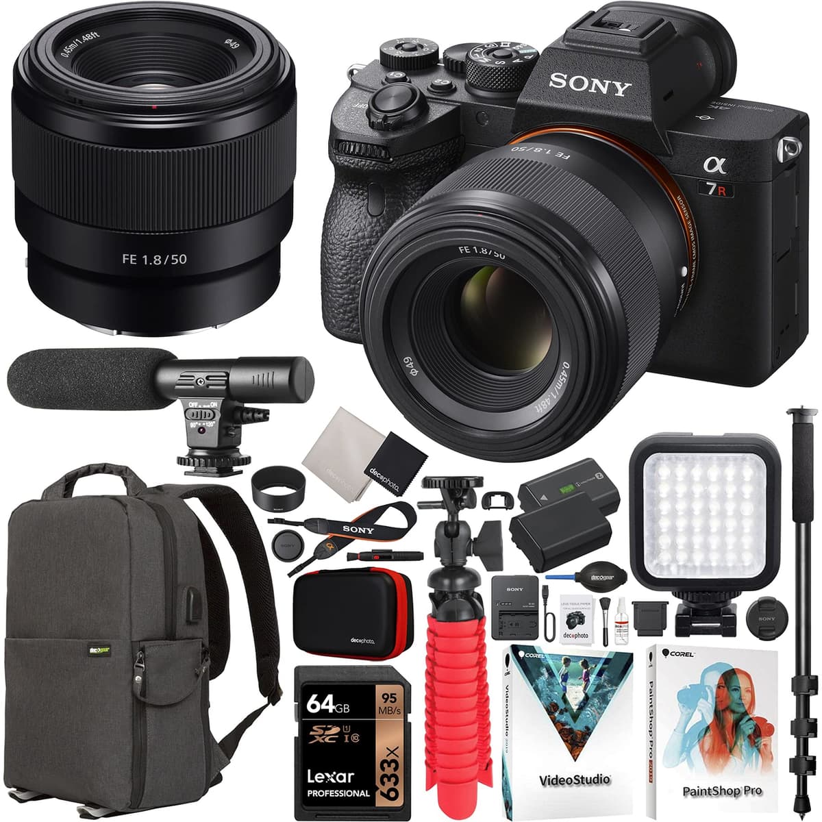 Sony a7R IV ILCE-7RM4A/B Cámara Mirrorless Full Frame + Lente 50mm F1.8 FE SEL50F18F E-Mount, Kit con mochila Deco Gear, micrófono, luz LED, monopie y accesorios E40SNILCE7RM4ABX3