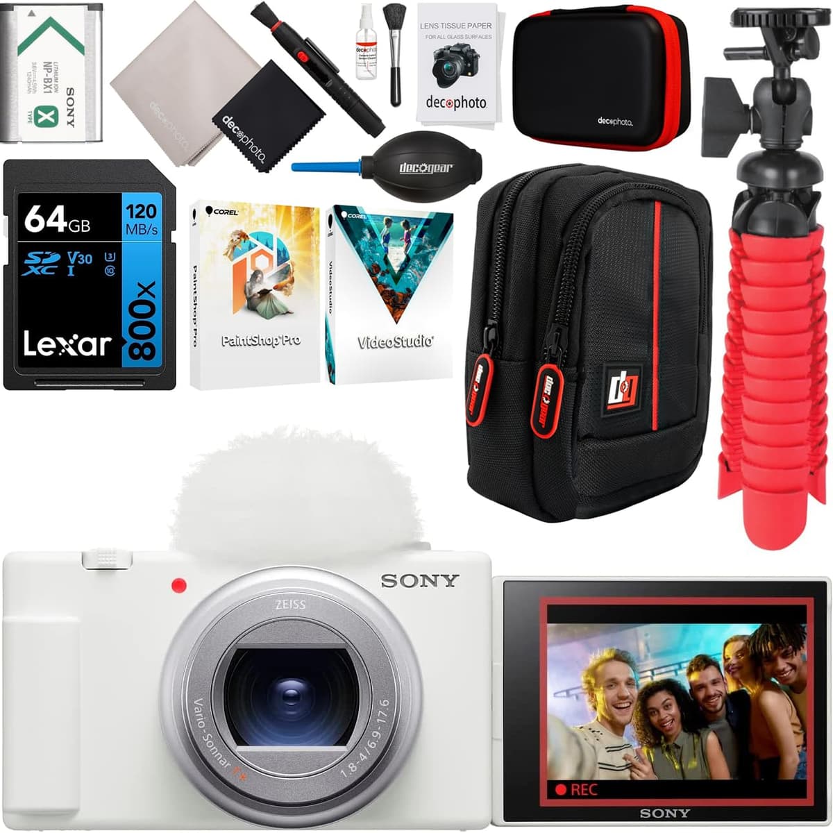 Sony ZV-1 II (ZV-1M2/W) Cámara Vlog 4K 20.1MP para Creadores de Contenido y Vloggers Color Blanco Bundle con Estuche Deco Gear + Memoria 64GB + Grip/Trípode 2 en 1 + Software + Kit de Accesorios E1SNZV1IIW