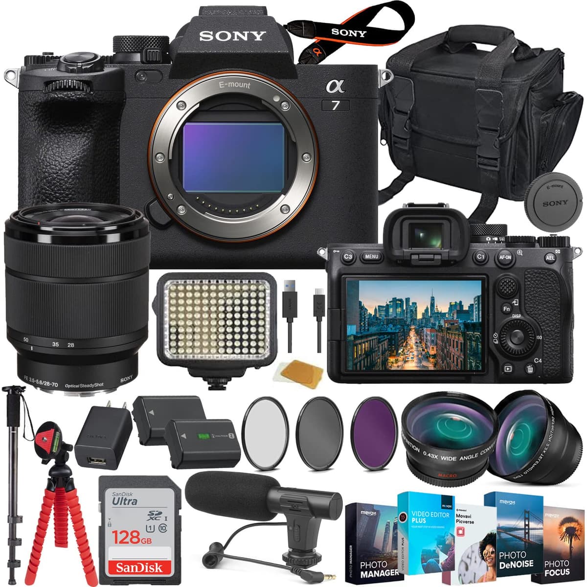 Sony Alpha a7 IV ILCE-7M4K/B Cámara Mirrorless con Lente 28-70mm, Kit Bundle con Batería Extra, Luz LED, Micrófono, Memoria 128GB Alta Velocidad y Accesorios (27 Piezas) ILCE-7M4/B