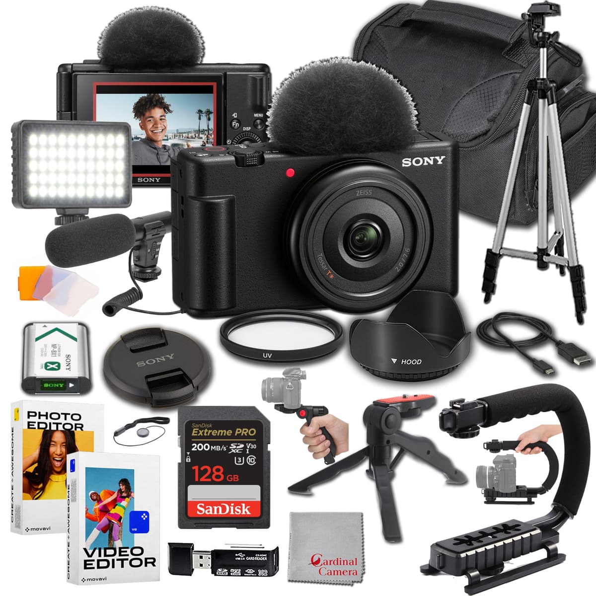 Sony ZV-1F Kit Definitivo para Creadores de Contenido: Memoria 128GB Extreme, Micrófono, Luz de Video, Software de Edición, U-Grip y Trípode (21 piezas)