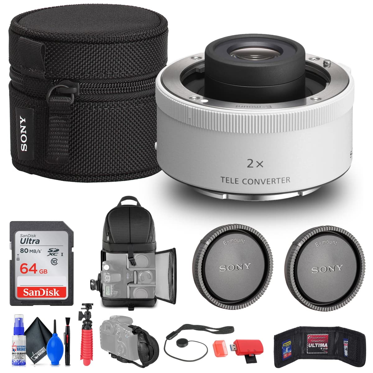 Sony FE SEL20TC Teleconverter 2.0X - Teleconvertidor 2x para cámaras full-frame E-mount - Kit con Memoria 64GB, Mochila, Lector de Tarjetas, Trípode Flexible, Estuche para Memorias, Sujeta Tapa, Kit de Limpieza y Correa de Mano