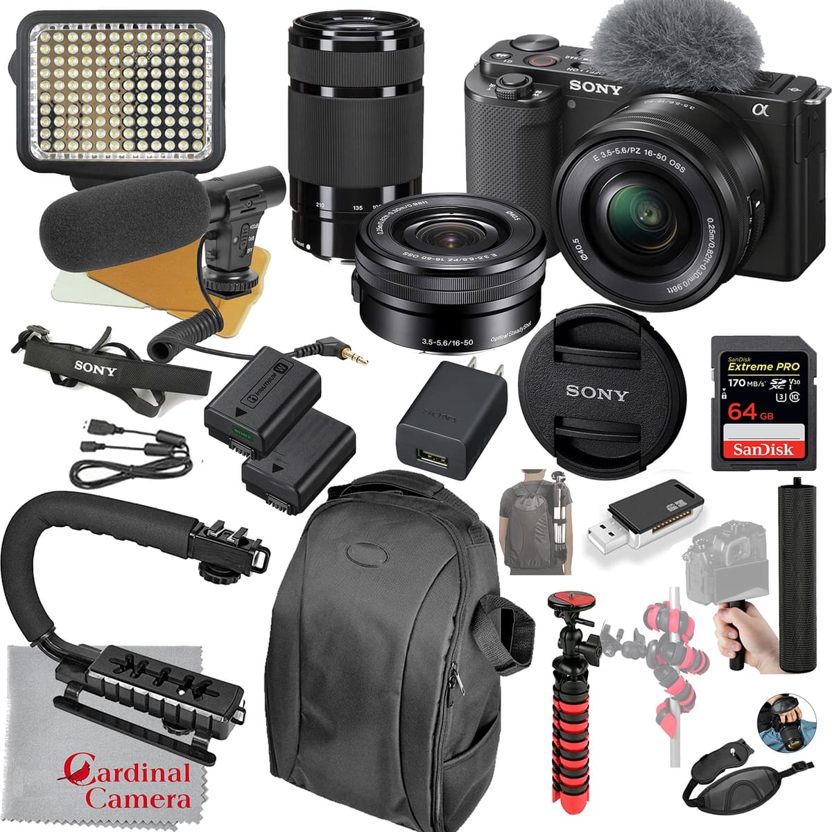 Sony ZV-E10 ILCZV-E10L/B cámara mirrorless con lentes 16-50mm y 55-210mm, kit de video + luz LED + micrófono + memoria 64GB alta velocidad (paquete 21 piezas)