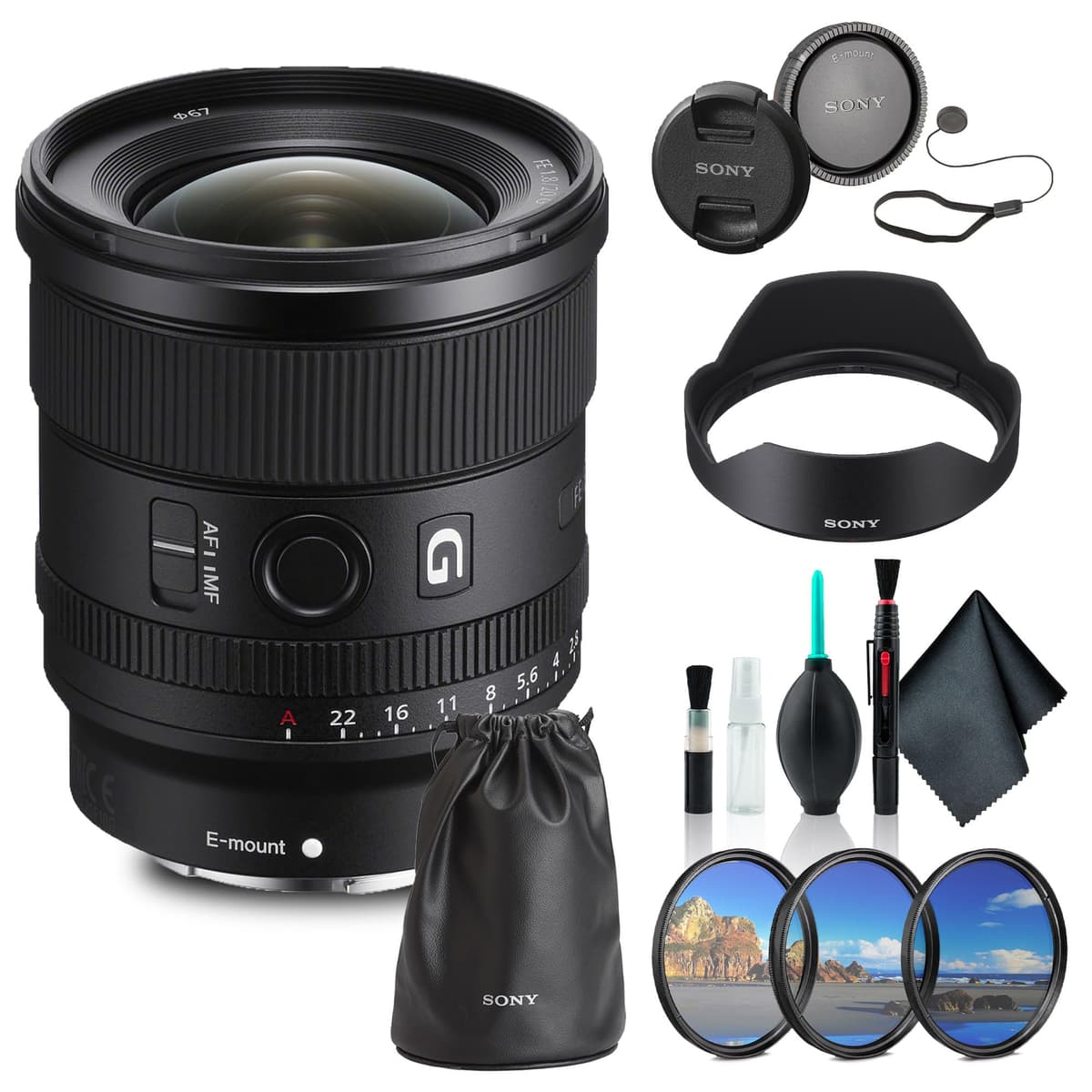 Sony FE SEL20F18G 20mm f/1.8 G - Lente Gran Angular Full-Frame, Kit de Filtros, Sujetador de Tapa, Kit de Limpieza