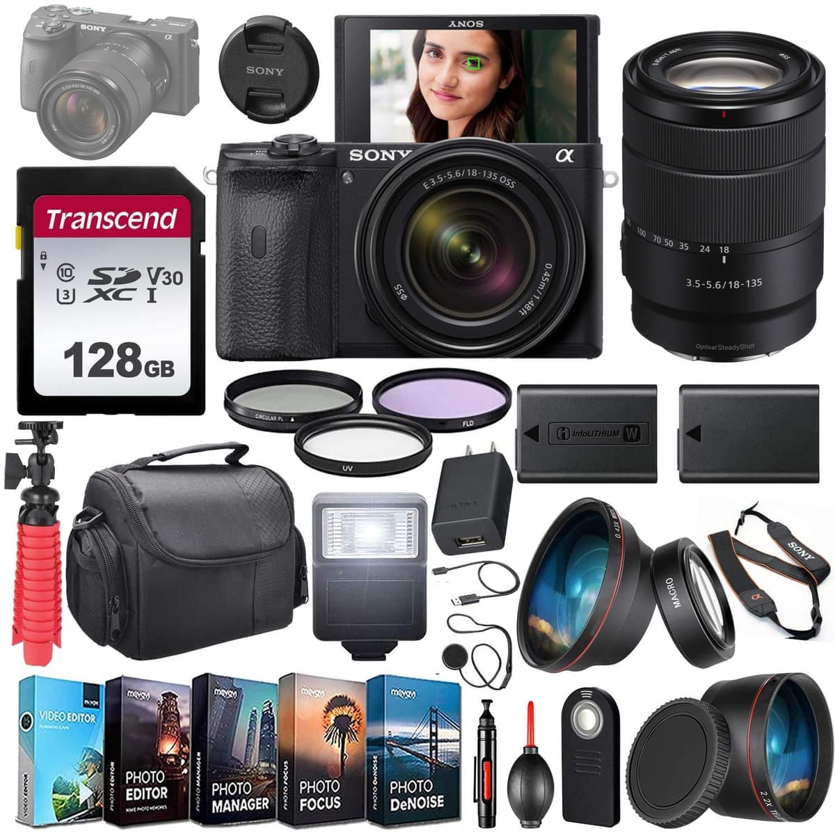 Sony Alpha a6600 ILCE6600M/B Cámara Mirrorless 4K UHD Kit con Lente 18-135mm + Batería Extra + Flash + Lentes Gran Angular y Telefoto + Filtros + Memoria 128GB U3 V30 Bundle de Accesorios