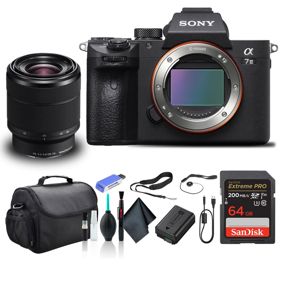 Sony Alpha a7 III ILCE7M3K/B Cámara Mirrorless con Lente 28-70mm, Bolsa, Tarjeta 64GB, Lector de Tarjetas y Accesorios