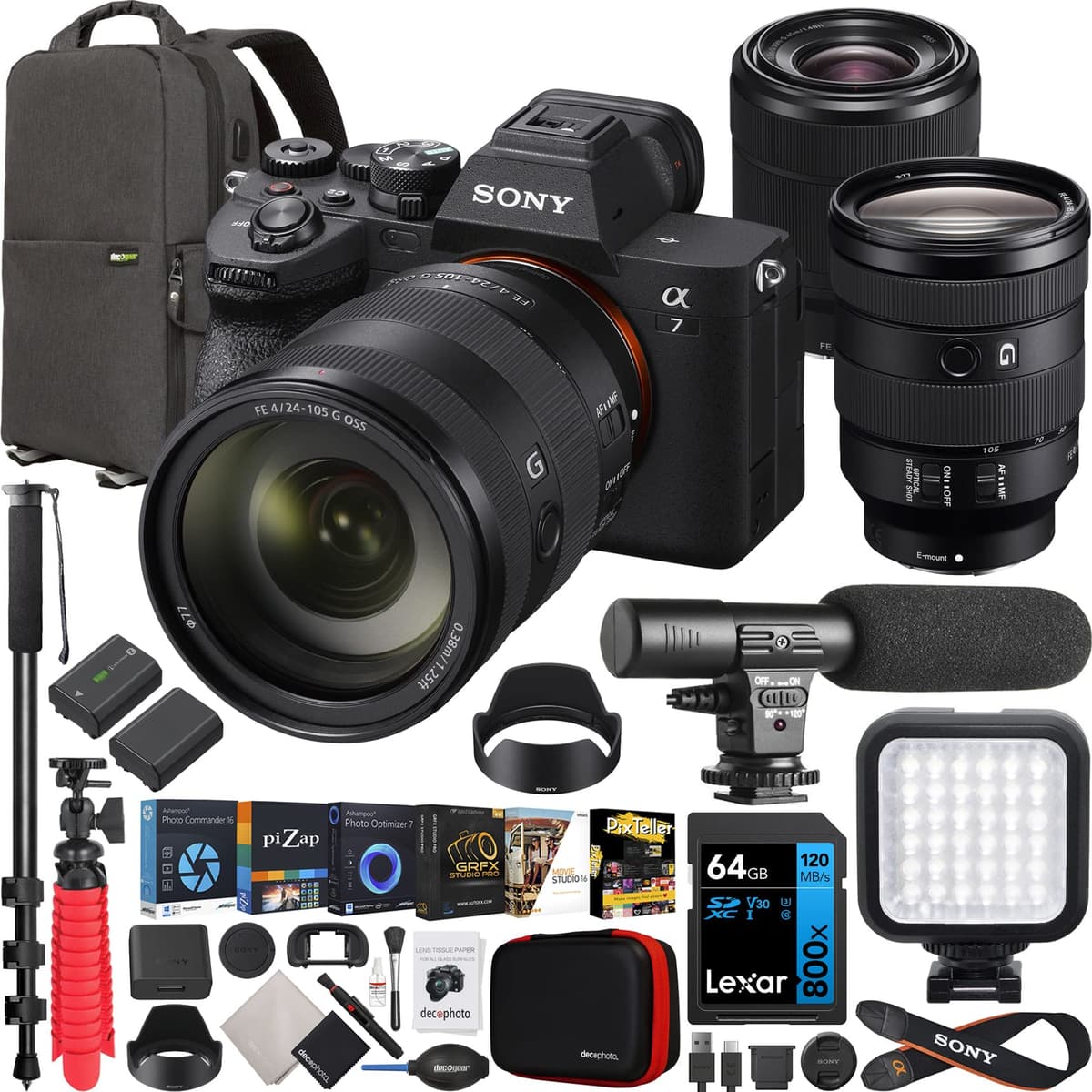 Sony Alpha a7 IV ILCE-7M4K/B Cámara Mirrorless Full Frame Kit 2 Lentes FE 24-105mm F4 G OSS + 28-70mm F3.5-5.6 | Bundle con mochila Deco Gear, monópode, batería extra, LED y accesorios E40SNILCE7M4KBX1