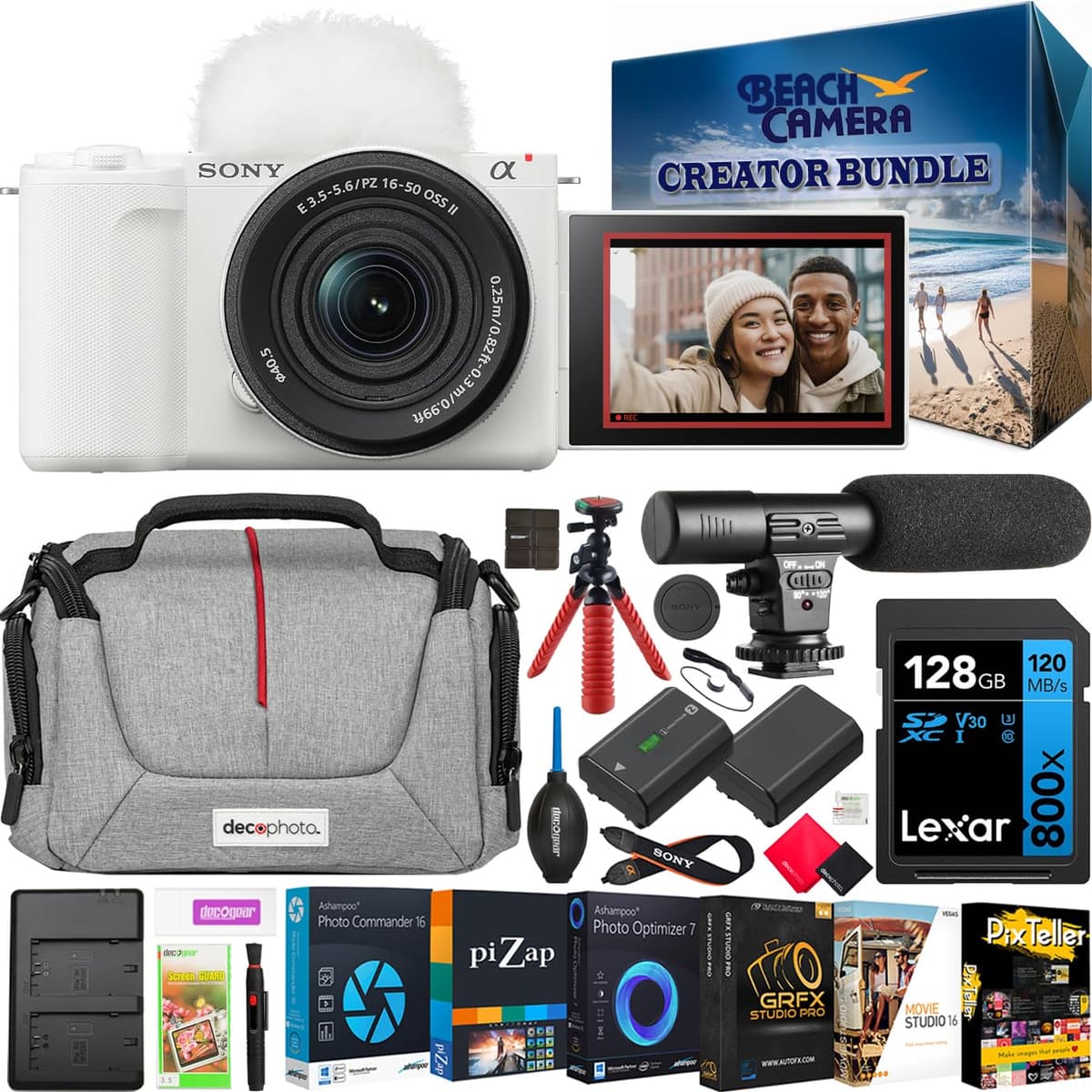 Sony Alpha ZV-E10 II Cámara Mirrorless APS-C con Lente 16-50mm F3.5-5.6 OSS II Blanco, Kit para Creadores de Contenido con Estuche, Micrófono, Batería Extra y Trípode E14SNZVE10M2KW