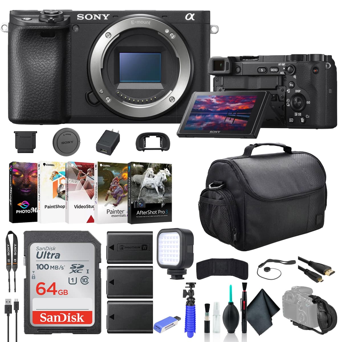 Sony Alpha a6400 ILCE-6400/B Cámara Mirrorless, Kit con Tarjeta 64GB, 2 Baterías NP-FW50, Lector de Tarjetas, Luz LED, Software Corel Photo, Cable HDMI, Estuche, Trípode Flexible, Correa de Mano, Porta Memorias y más