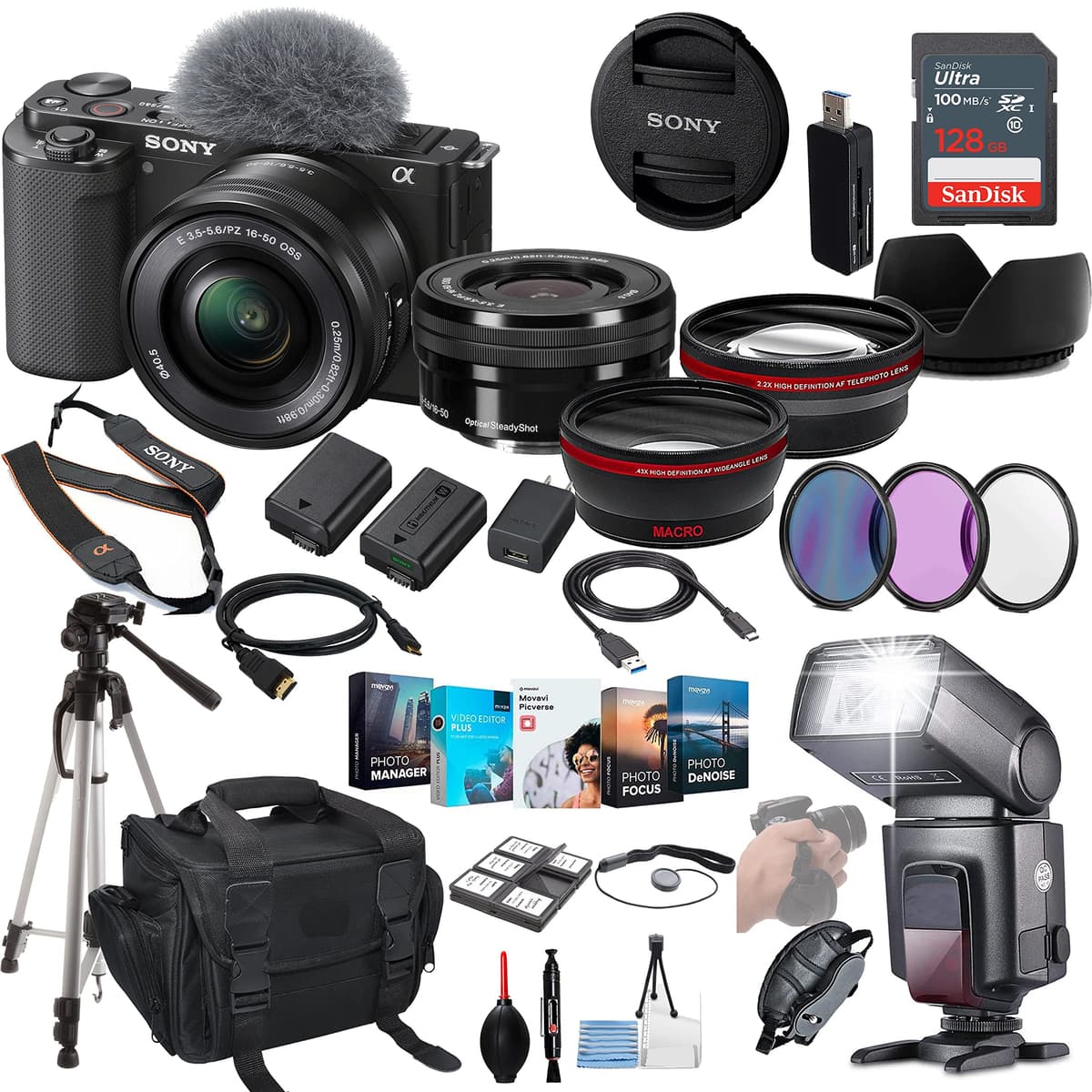 Sony ZV-E10 ILCZV-E10L/B Cámara Mirrorless con Lente 16-50mm (Negro) Bundle - Kit Accesorios Prime: Memoria 128GB, Flash TTL, Batería, Software de Edición, Lentes Auxiliares y más ILCZV-E10/B