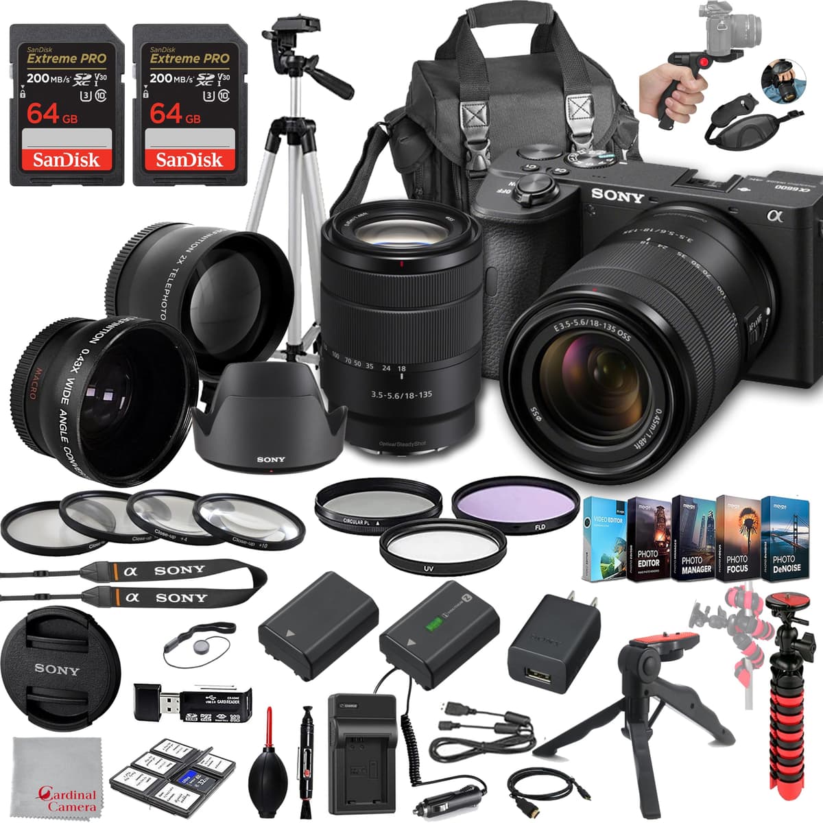 Sony Alpha a6600 cámara mirrorless con lente 18-135mm, memoria 128GB Extreme, gran angular 0.43x y tele 2x, estuche, trípode, filtros, parasol, grip, batería extra y cargador, software de edición - paquete deluxe Sony a6600