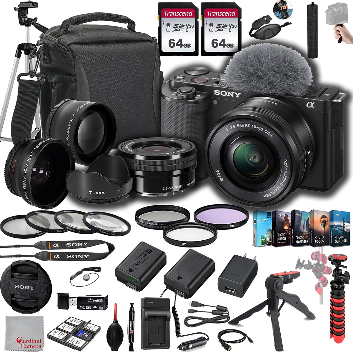 Sony ZV-E10 ILCZV-E10L/B Cámara Mirrorless con Lente 16-50mm, Memoria 128GB, Lentes Gran Angular 0.43x y 2x, Estuche, Trípode, Filtros, Parasol, Grip, Batería Extra y Cargador, Kit de Software de Edición de Video y Foto - Paquete Deluxe