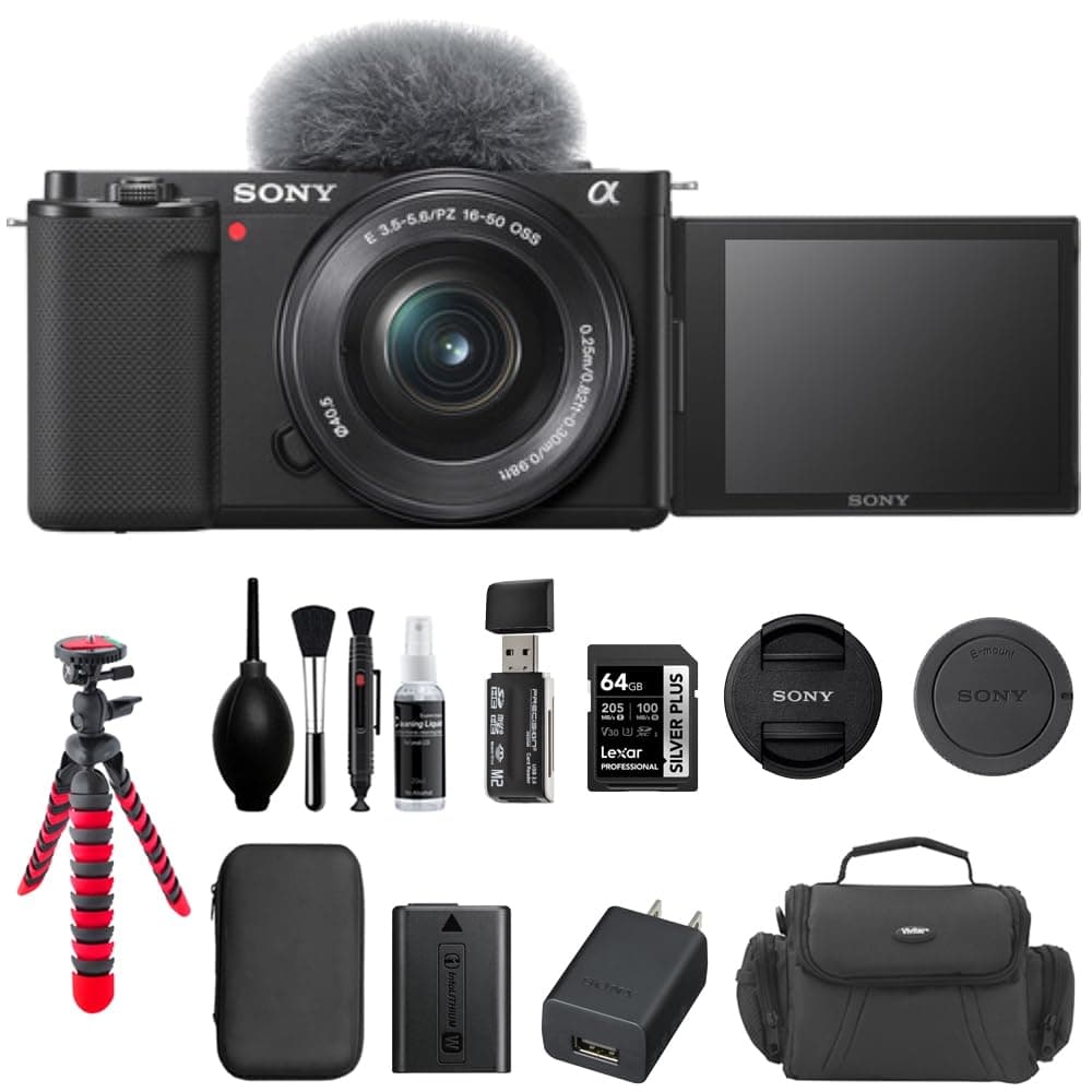 Sony ZV-E10 ILCZVE10LB Cámara Mirrorless con Lente 16-50mm (Negra) + Memoria 64GB + Trípode Flexible + Bolso + Kit de Limpieza Bundle