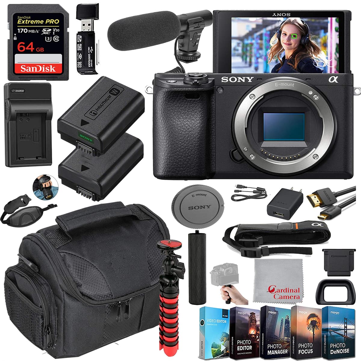Sony Alpha a6400 (ILCE-6400/B) Cámara Mirrorless Solo Cuerpo, Video Bundle con Micrófono, Memoria 64GB Extreme Speed, Kit 24 Piezas (Sin Lente)