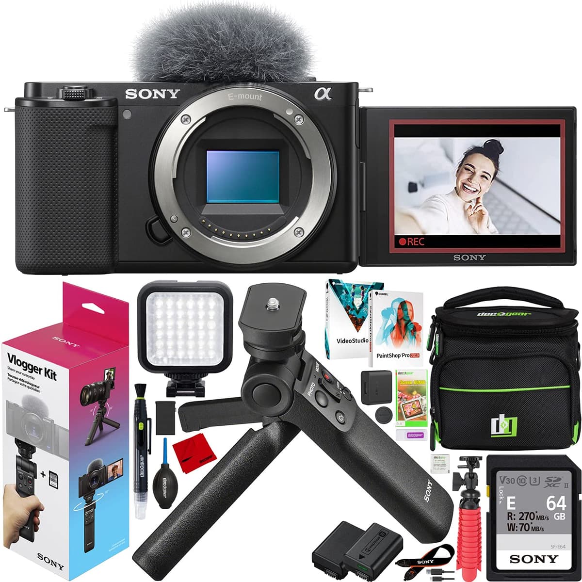 Sony Alpha ZV-E10 Cámara Mirrorless de Lentes Intercambiables Cuerpo Vlogger Kit ILCZV-E10/B Negro Bundle con ACCVC1 Incluye Grip GP-VPT2BT + Estuche Deco Gear + Batería Extra y Kit de Accesorios E3SNILCZVE10B