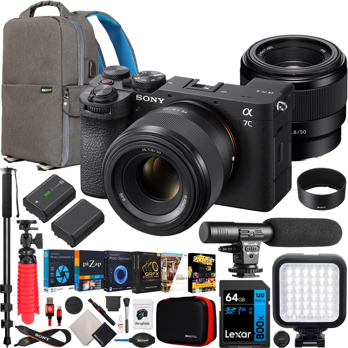 Sony a7C II ILCE-7CM2 Cámara Mirrorless Full Frame + Lente 50mm F1.8 SEL50F18F, Color Negro, Bundle con Mochila Deco Gear, Batería Extra, Micrófono, Luz LED, Monopod y Kit de Accesorios E40SNILCE7CM2BX3
