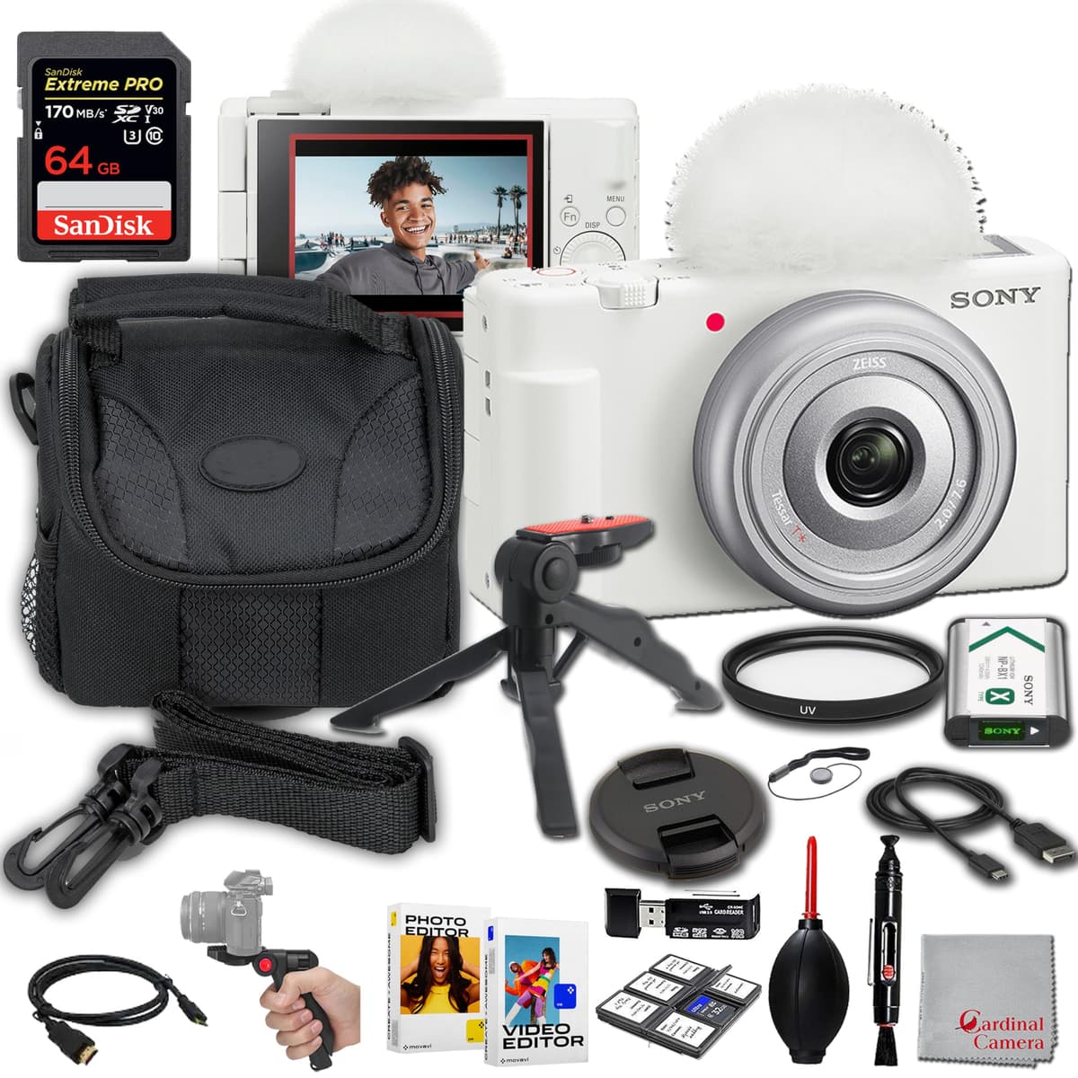 Sony ZV-1F Cámara para Vlogging (Blanca) | Conexión Fácil a Smartphone, Memoria 64GB Extreme, Software de Edición, Grip y Estuche (20 piezas), Compacta, Negra