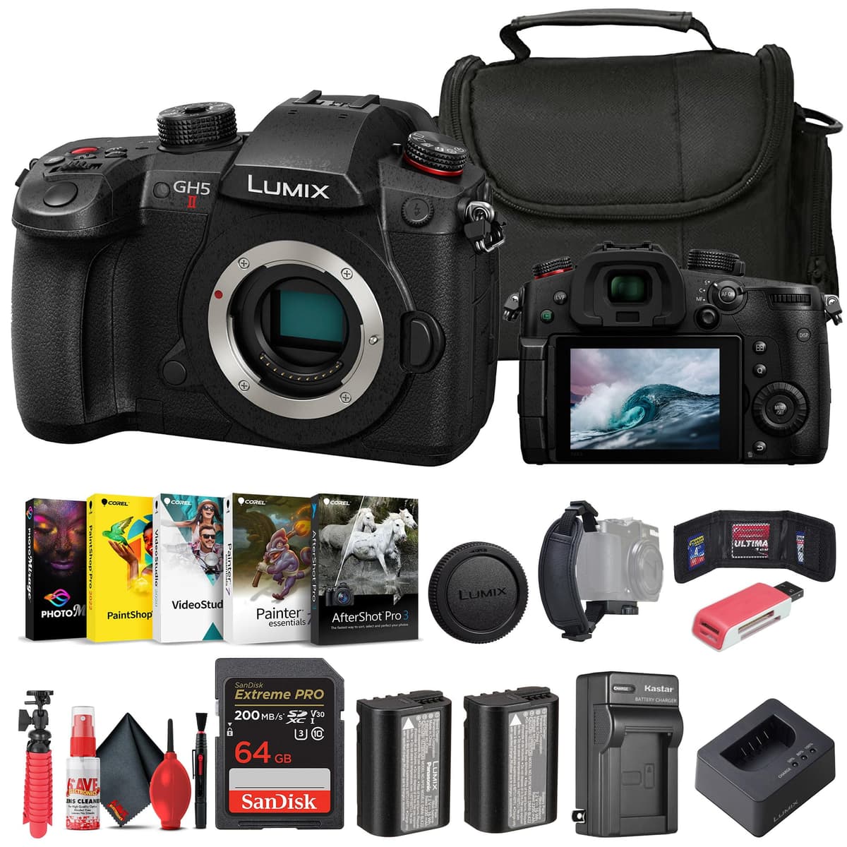 Panasonic Lumix GH5 II DC-GH5M2BODY Cámara Mirrorless - Kit con Software Corel Photo, Bolsa, Tarjeta 64GB, Cargador, Lector de Tarjetas, Batería DMW-BLF19, Trípode Flexible, Kit de Limpieza, Estuche para Memorias y Correa de Mano
