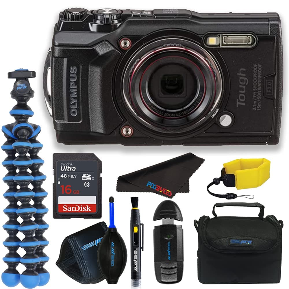 Olympus Tough TG-6 Cámara Digital Impermeable (Negra) + Paquete Submarino + Bundle Básico Pixibytes + Resistente a golpes y caídas + Video 4K + Macro y Microscopio + Wi-Fi + GPS Olympus TG-6