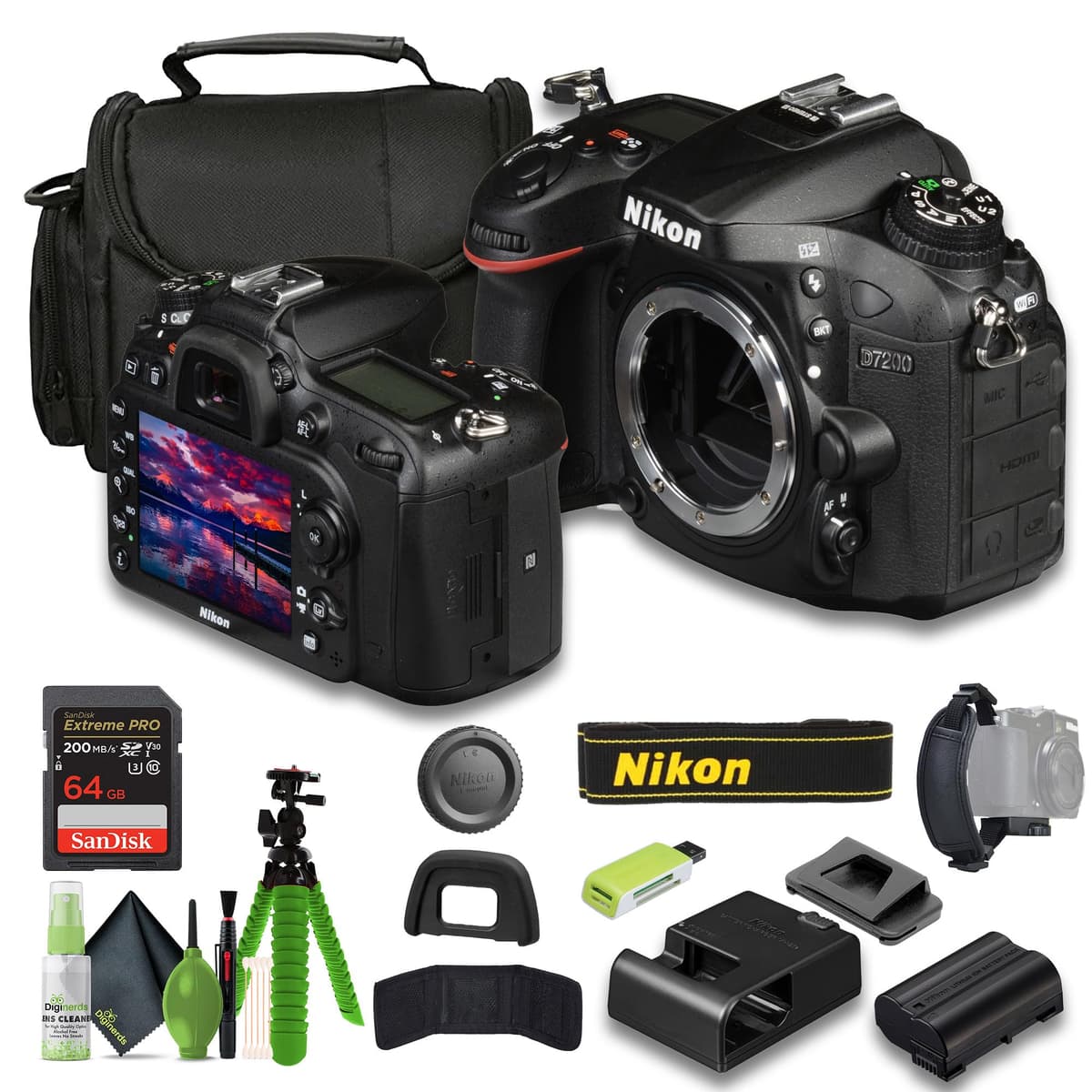 Nikon D7200 24.2MP DX-Format Cámara Réflex Digital - Kit con Funda Blanda, Kit de Limpieza, Tarjetero, Tarjeta Extreme PRO 64GB, Lector de Tarjetas, Correa de Mano y Trípode Flexible 12" 1554