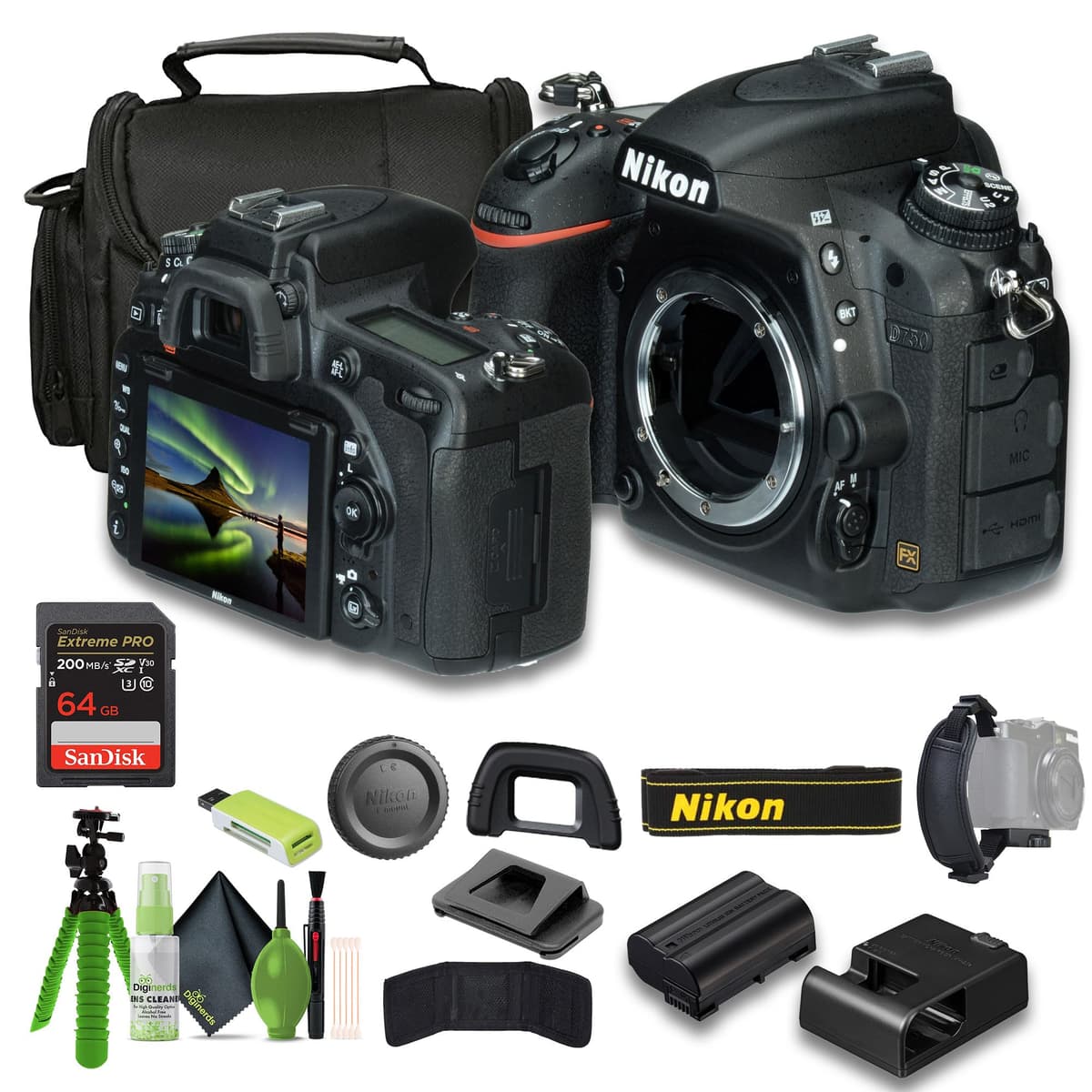 Nikon D750 FX-Format Cámara Réflex Digital con Funda Blanda, Kit de Limpieza, Tarjetero, Tarjeta Extreme PRO 64GB, Lector de Tarjetas, Correa de Mano y Trípode Flexible de 12" 1543