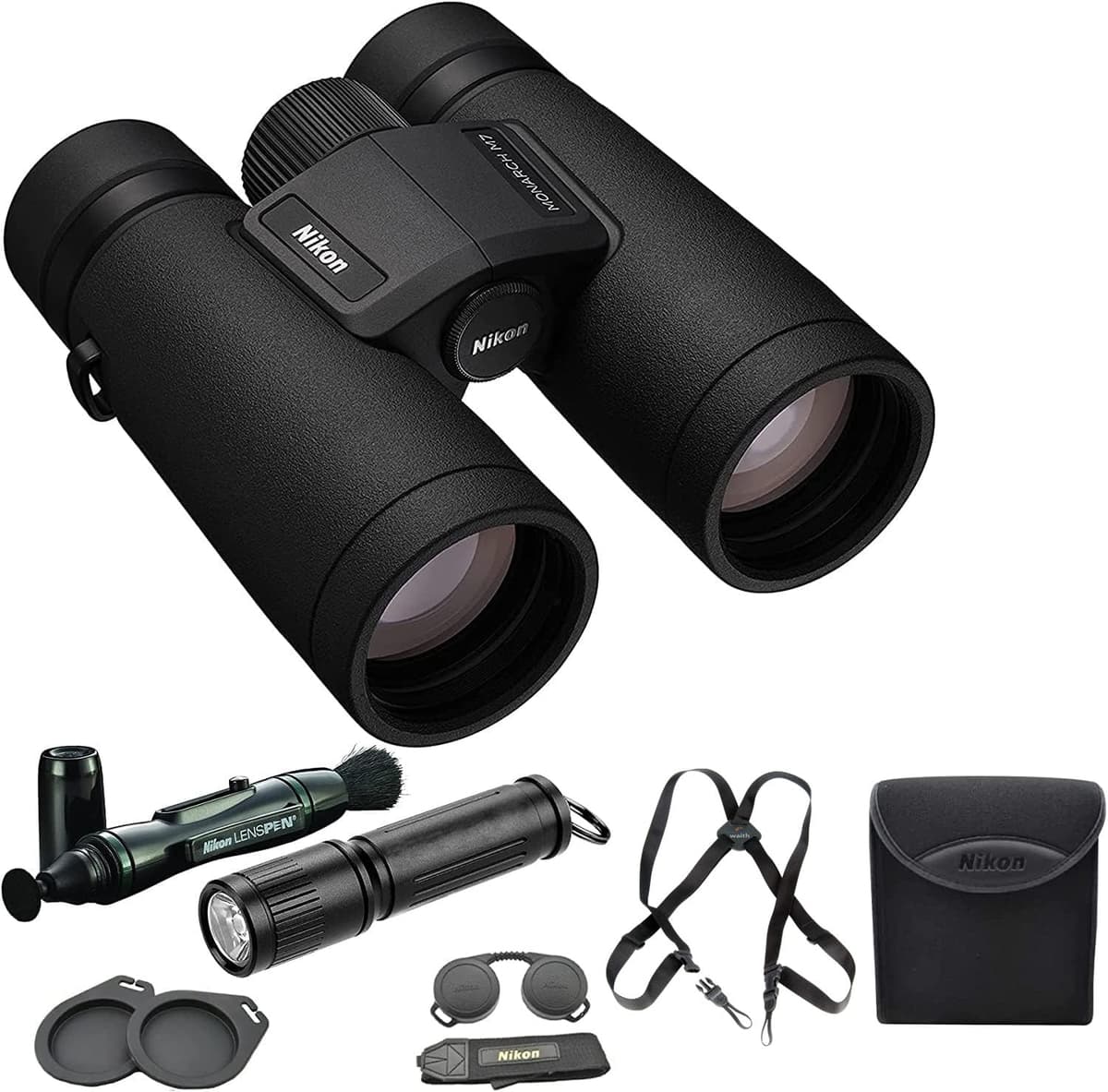 Nikon Monarch M7 10x30 - Binocular con Lápiz de Limpieza, Arnés y Linterna, Kit Completo para Observación y Naturaleza NIK16764_KIT1