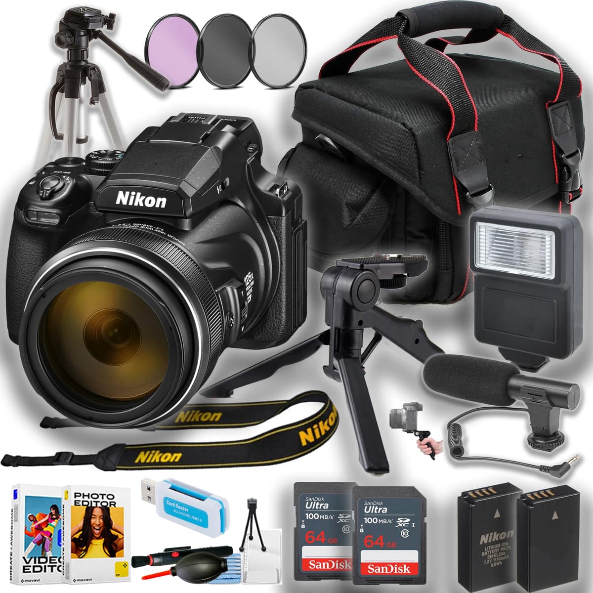 Nikon COOLPIX P1100 Cámara Digital + 2 Tarjetas de Memoria SanDisk Ultra 64GB + Trípode Gripster + Trípode 50" + Estuche para Cámara + Accesorios (Paquete 16 piezas)