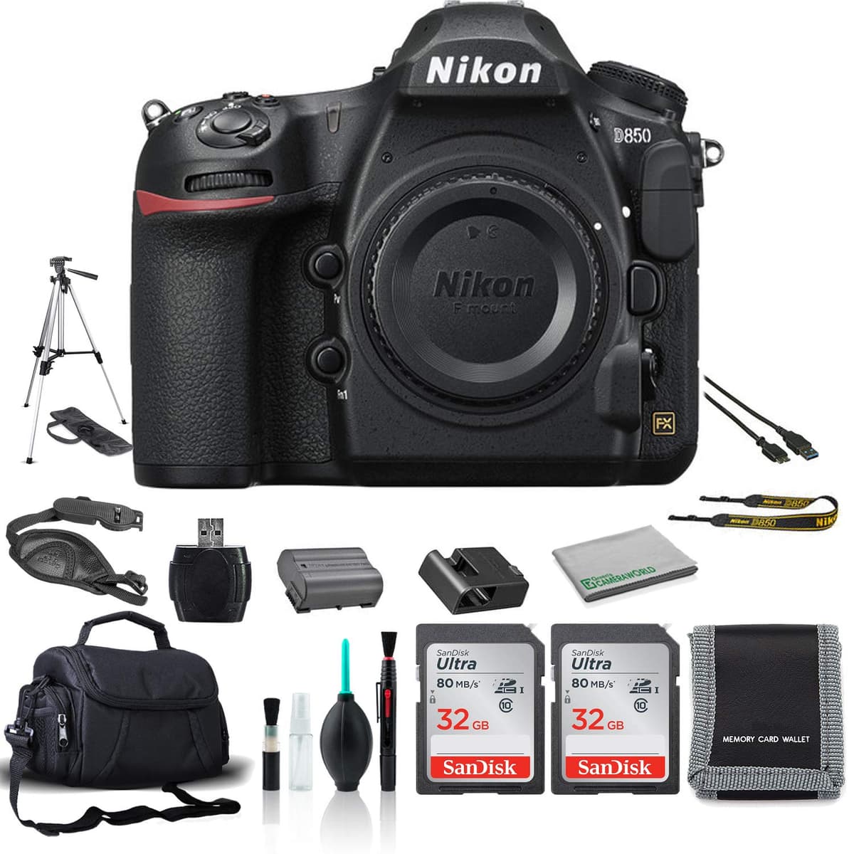 Nikon D850 FX-Format Cámara Réflex Digital (Solo Cuerpo) 45.7MP - Kit con 2x Tarjeta de Memoria SanDisk 32GB + Estuche de Transporte + Trípode + Accesorios 1585-3
