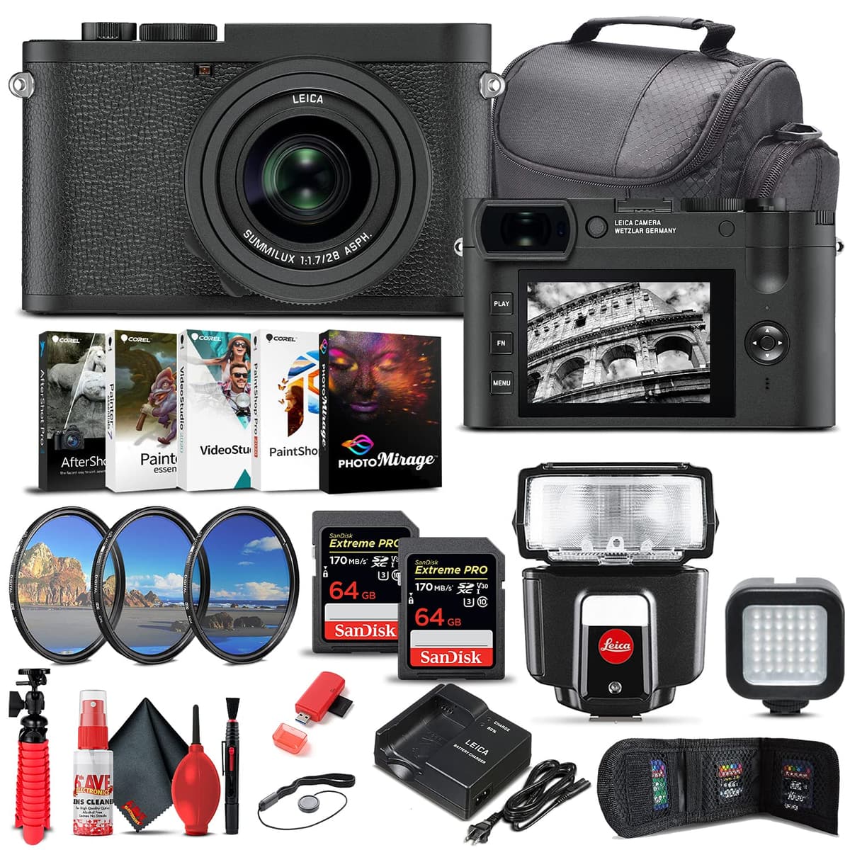 Leica Q2 Monochrom 19055 Cámara Digital - Flash SF40 - 2x Tarjeta de Memoria 64GB - Software Corel Photo - Lector de Tarjetas - Kit de Filtros - Luz LED - Estuche - Set de Limpieza Deluxe - Trípode Flexible y más