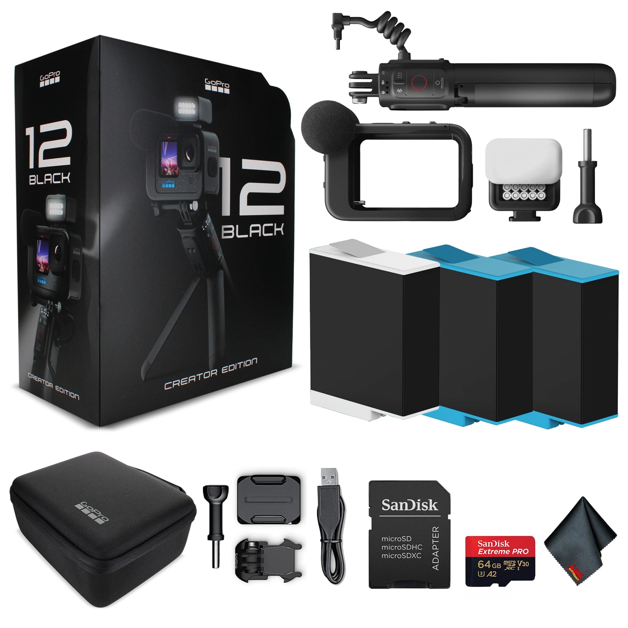 GoPro HERO12 Black Creator Edition CHFFB121V1 - Cámara de acción impermeable 5.3K, Volta (empuñadura batería, trípode, control remoto), Media Mod, Light Mod, batería Enduro - Tarjeta 64GB Extreme Pro y 2 baterías extra