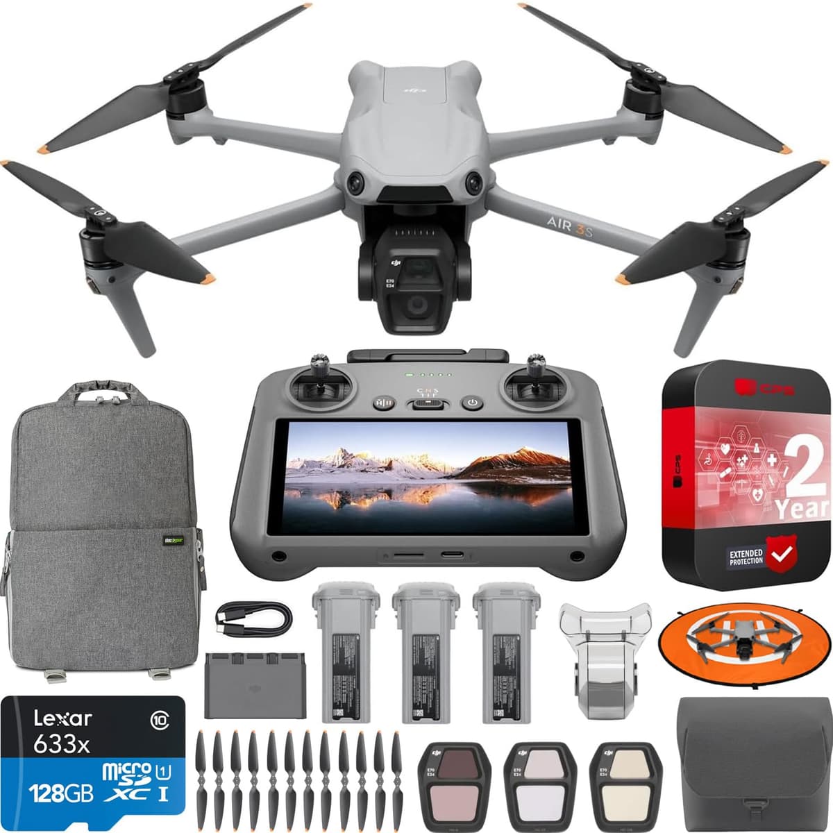 DJI Air 3S Fly More Combo (RC 2 Control Remoto con Pantalla) Drone con sensor CMOS de 1", cámara gran angular y tele medio, 4K/60fps, detección omnidireccional, Smart RTH, paquete con 3 baterías y accesorios Deco Gear E1DJIAIR3SRC2