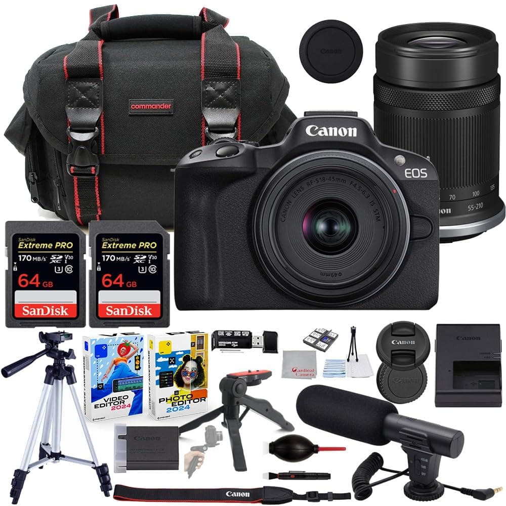 Canon EOS R50 Cámara Mirrorless con Lentes 18-45mm y 55-210mm, Bundle con Bolsa Commander, Micrófono, 2x Tarjetas 64GB Extreme y Kit de Accesorios CC-R5018452LKADV-32525