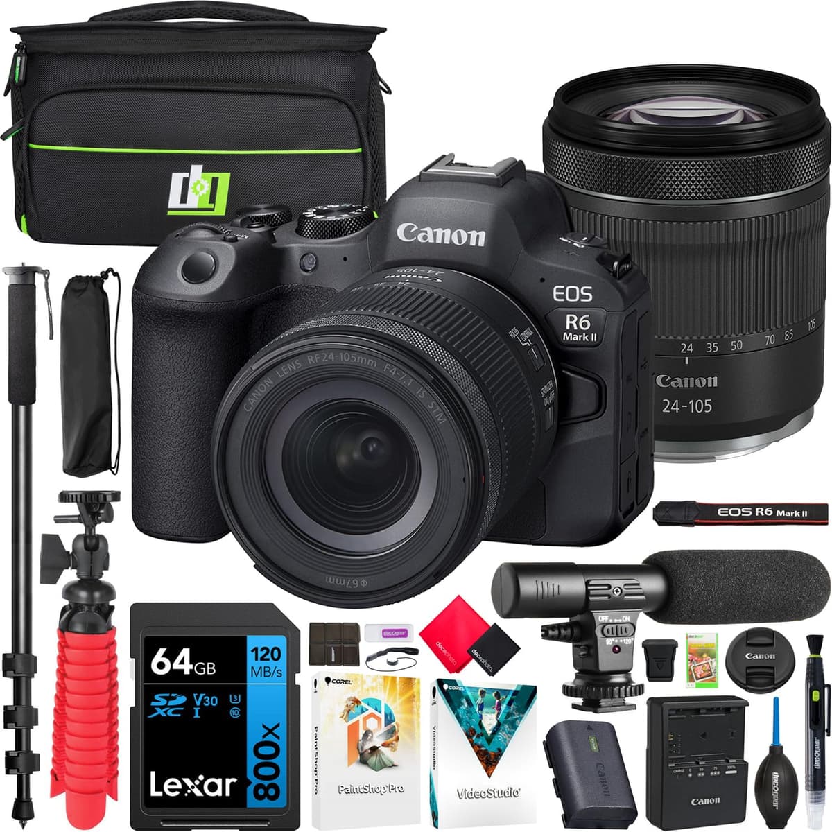 Canon EOS R6 Mark II Cámara Mirrorless Full Frame con Lente RF 24-105mm f/4-7.1 IS STM, Kit 5666C018 Bundle con Bolsa Deco Gear, Micrófono, Monopod, Software y Accesorios E4CNEOSR6M2STM
