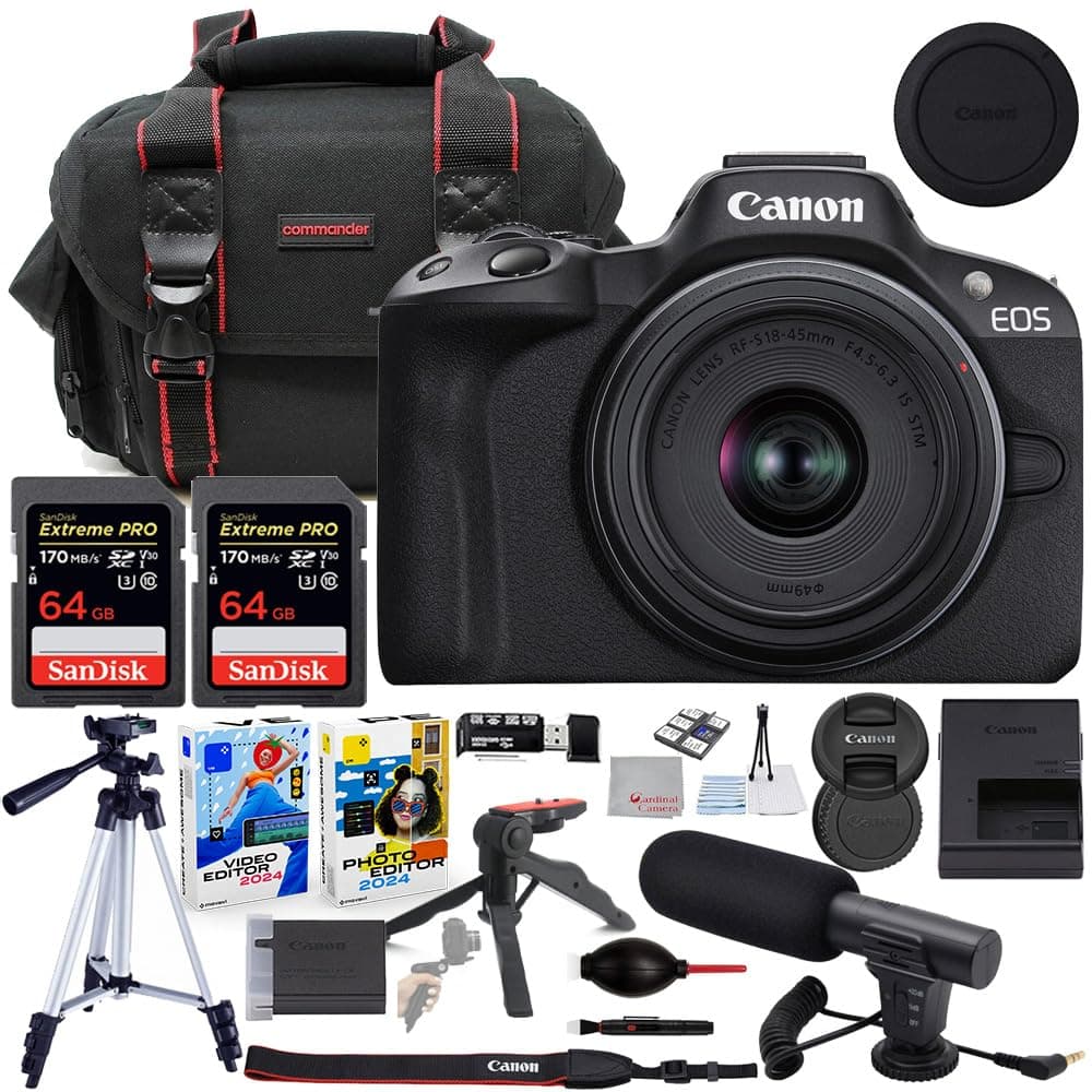 Canon EOS R50 Cámara Mirrorless con Lente 18-45mm, Bundle con Bolso Commander, Micrófono, 2 Tarjetas de Memoria 64GB Extreme, Kit de Accesorios CC-R501845ADV-1292025