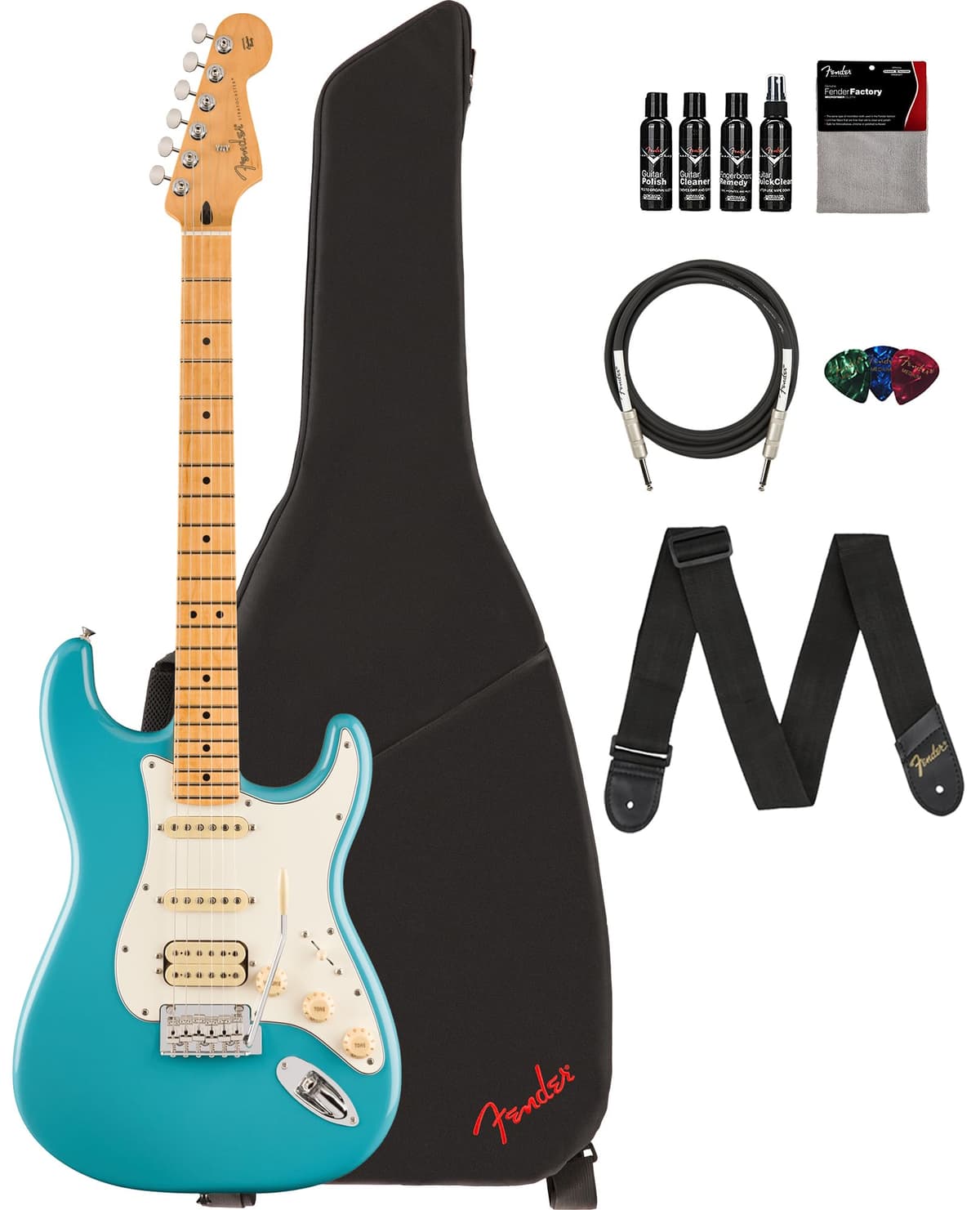 Fender Player II Stratocaster HSS guitarra eléctrica Azul Aquatone, paquete con funda, correa, cable, 3 púas y kit de limpieza 140542518