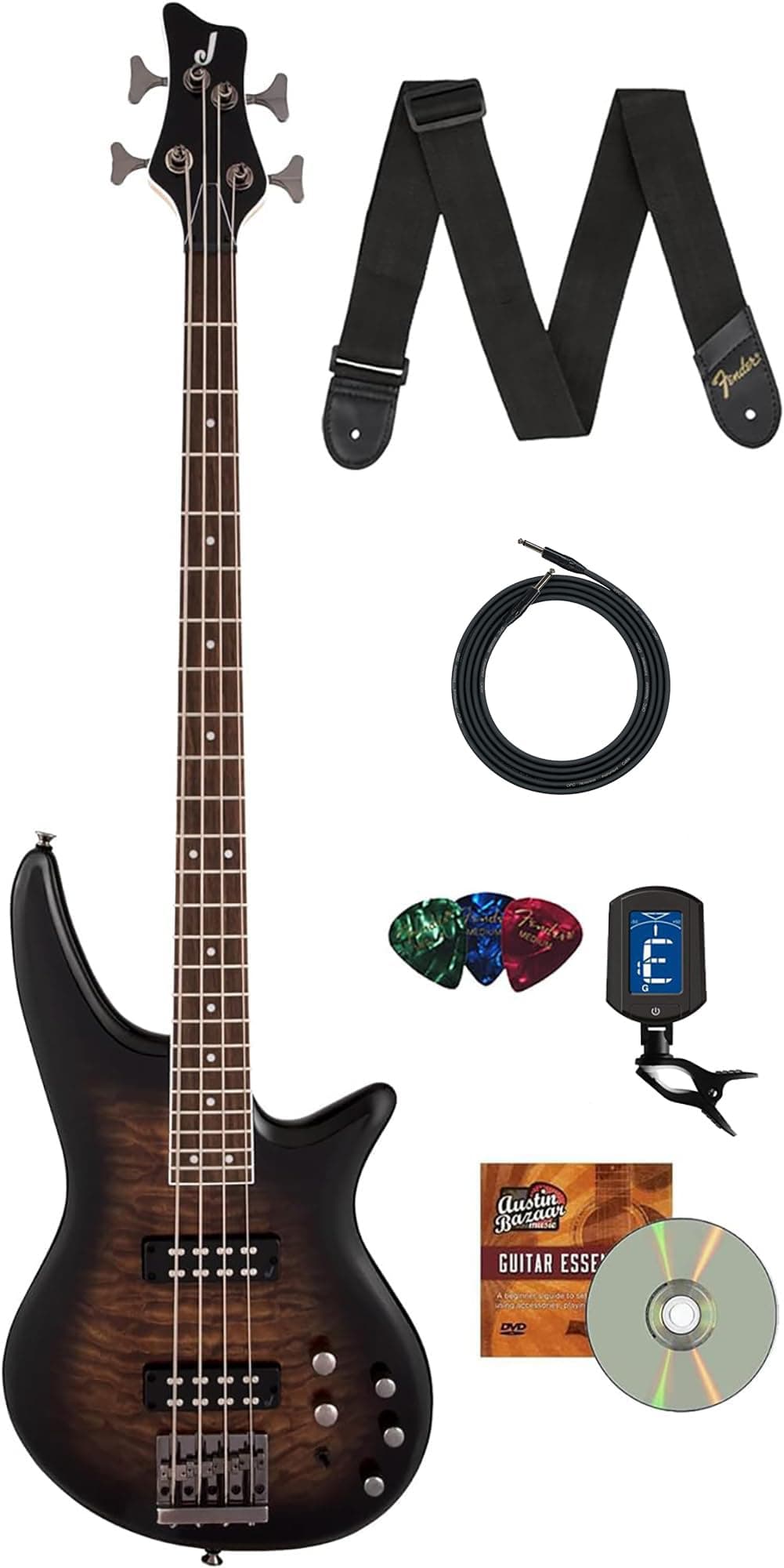 Jackson JS3Q Spectra bajo eléctrico Dark Sunburst, paquete con cable, afinador, correa, púas y DVD instructivo Austin Bazaar 2919924557-COMBO-STD