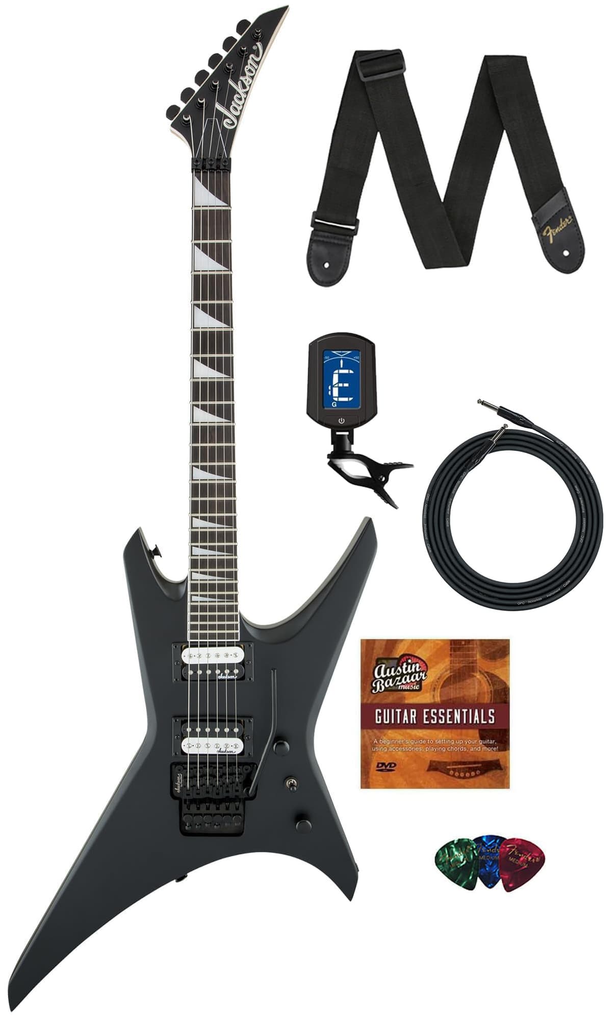 Jackson Warrior JS32 Guitarra Eléctrica Negro Satinado paquete con cable, afinador, correa, púas y DVD Austin Bazaar AUS-2910136568-COMBO-STD