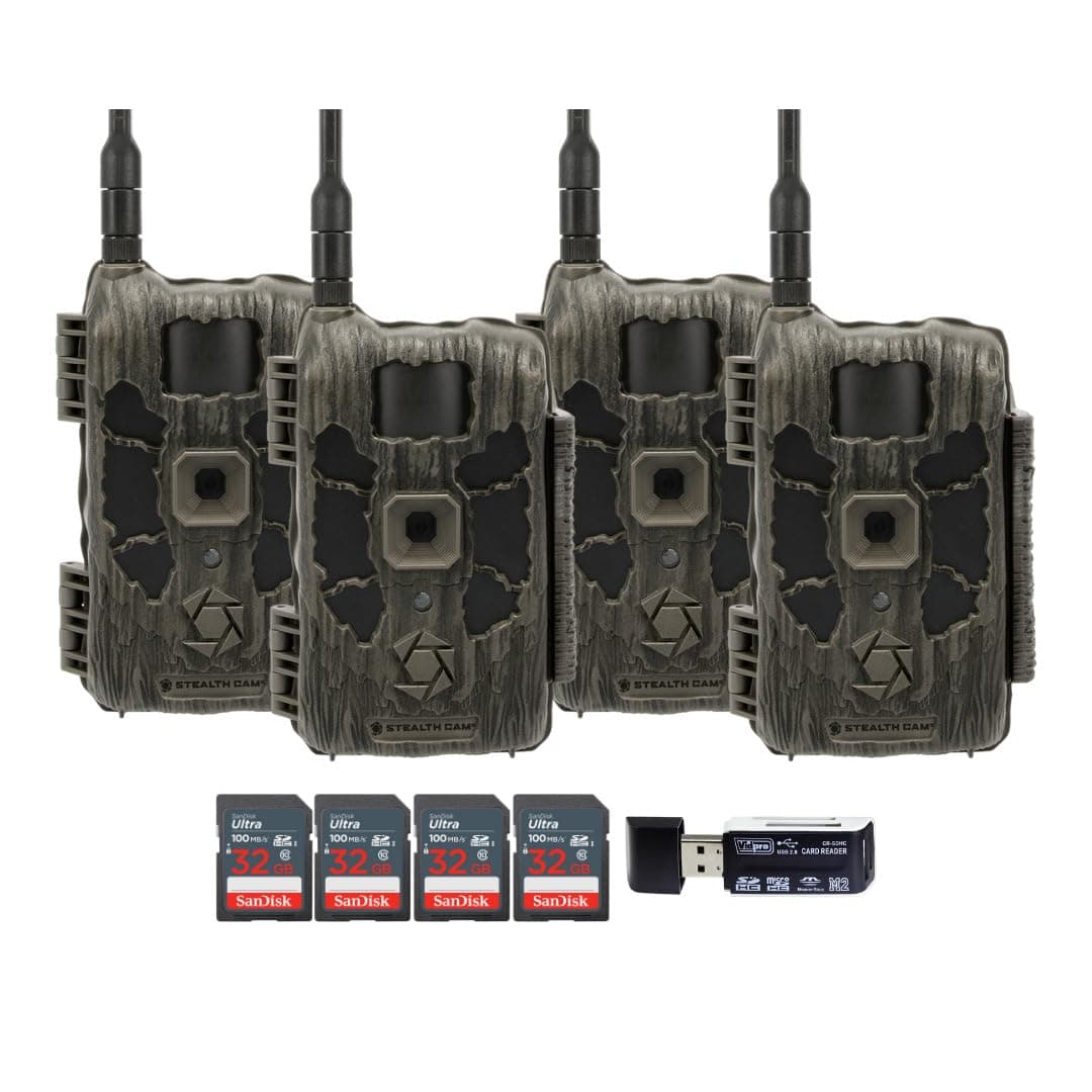 Stealth Cam Deceptor Max 40MP cámara trampa celular 0.4s, paquete doble (2-Pack x2), tarjetas 32GB (4) y lector 4-en-1 (7 piezas) FC-CR1_K260