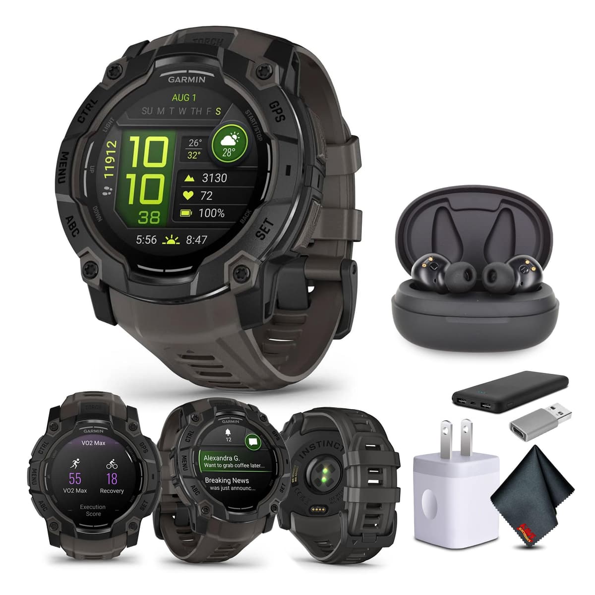 Garmin Instinct 3 45mm Reloj Inteligente GPS AMOLED, bisel reforzado, linterna, 18 días de batería, Negro (010-02936-00) con audífonos