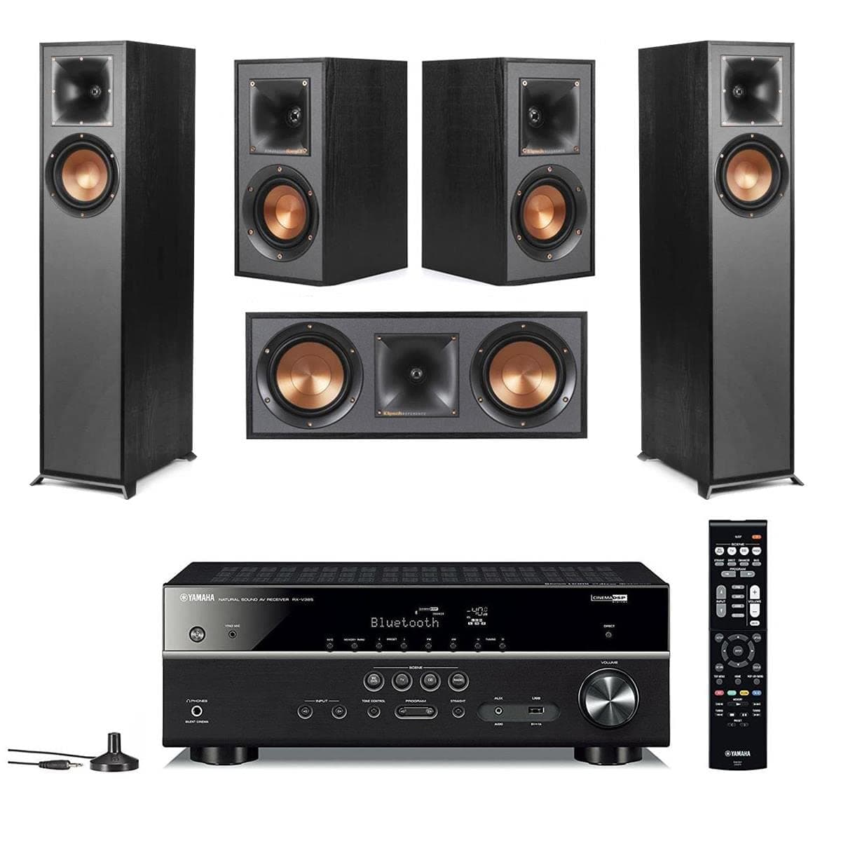 Klipsch Reference R-610F sistema de cine en casa 5.0 con 2 torres, R-52C, 2 R-41M y receptor RX-V385 5.1, negro
