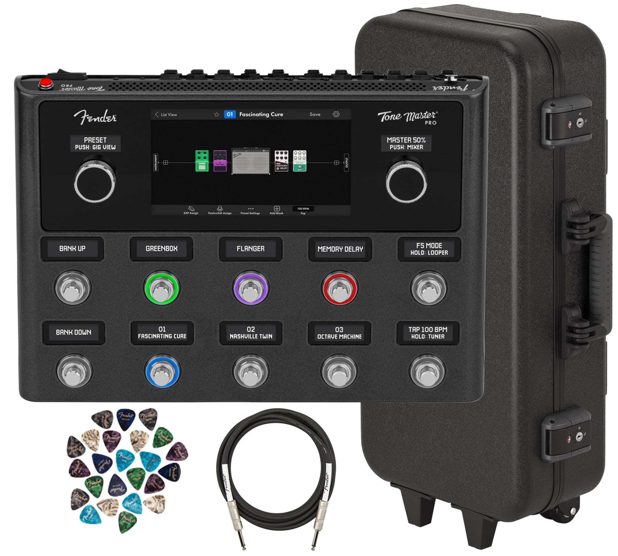Fender Tone Master Pro 2274900000 pedalera multiefectos para guitarra, bundle con estuche, cable y 24 púas exclusivas Austin Bazaar