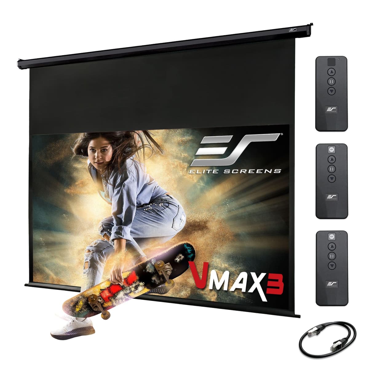 Elite Screens VMAX 3 VMAX150UWH3-E24 Pantalla de proyector 150 pulgadas motorizada con caída extra 24 pulgadas, cine hogar y gaming