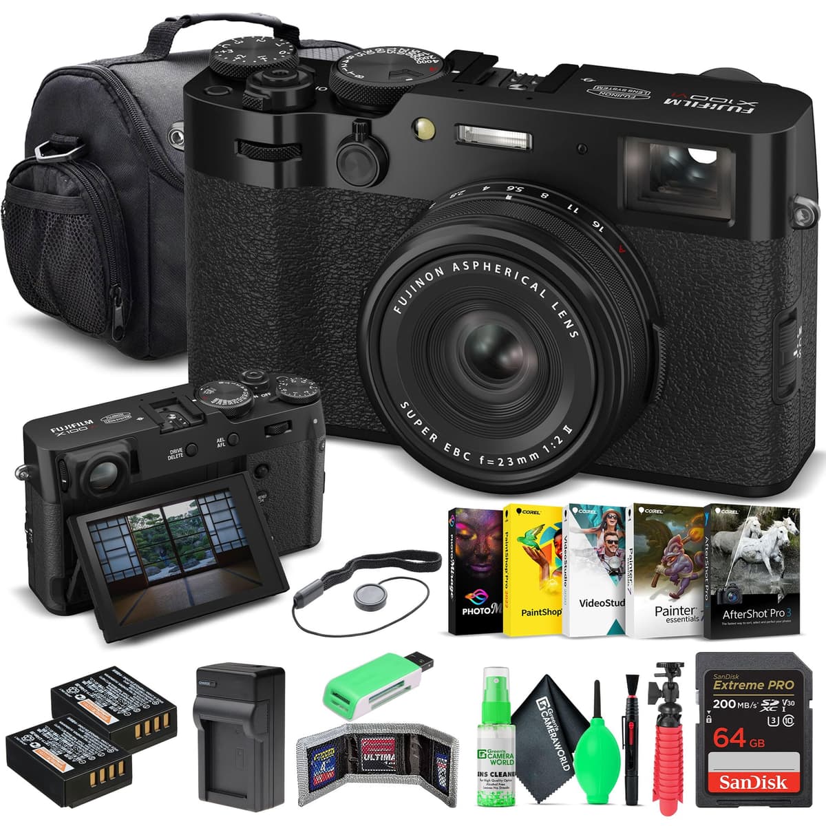 Fujifilm X100VI Cámara Negra Kit + 64GB + Lector SD + Batería + Cargador + Software + Estuche + Trípode + Funda SD + Limpieza + Sujeta Tapa