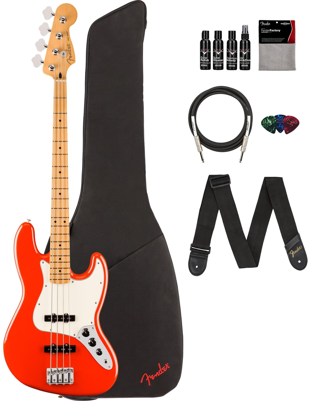 Fender Player II Jazz Bass Bajo Eléctrico Coral Red Combo con Funda, Correa, Cable, Púas y Kit de Limpieza AUS-0140482558-COMBO-DLX