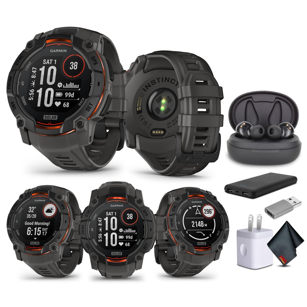 Garmin Instinct 3 50mm, Reloj inteligente GPS con carga solar, resistente, linterna incorporada, bisel reforzado, Carbón, bundle con audífonos (010-02935-00)