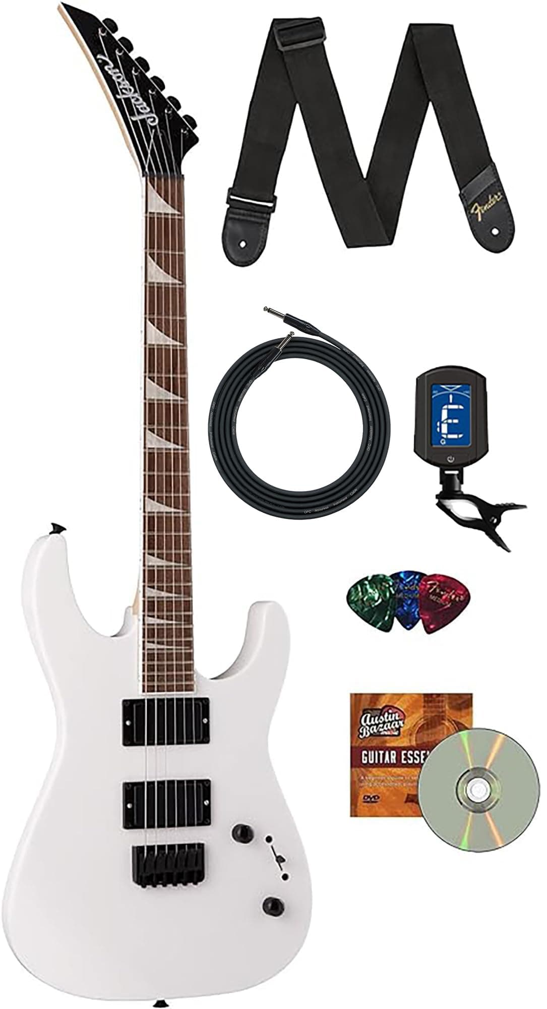 Jackson X Series Dinky DK2X HT Guitarra Eléctrica Snow White Combo con Cable, Correa, Afinador, Púas y DVD Austin Bazaar AUS-2910042576-COMBO-STD