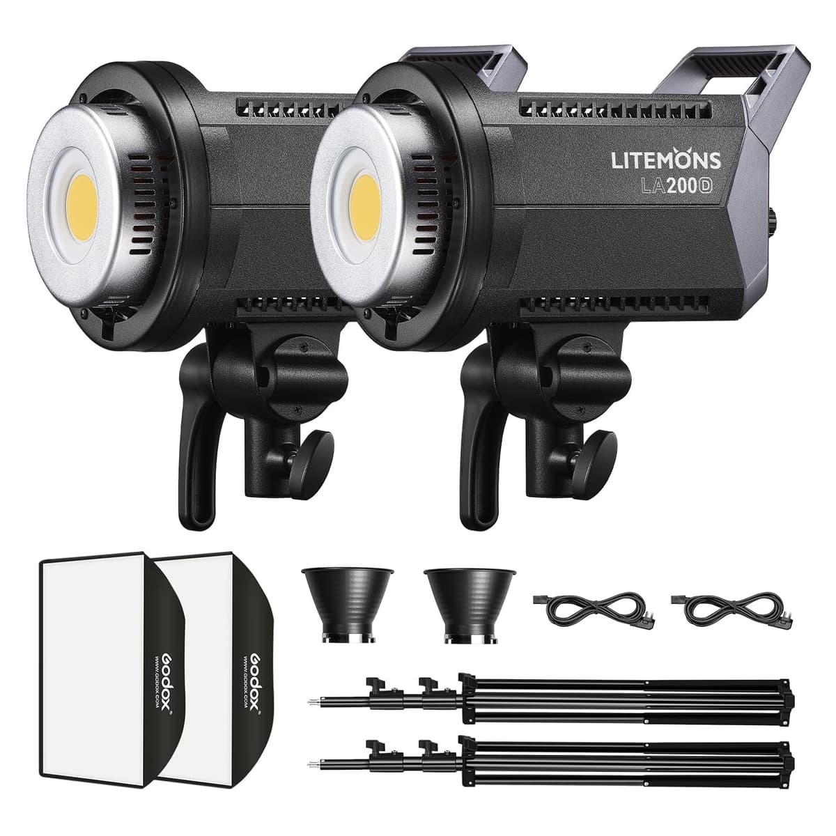 Godox LA200D 2 Pack: luz continua LED 5600K 460W, CRI96+ TLCI97+, 101000 lx@1m, softbox 24x36, trípode 110", reflector para estudio GODOXMZY