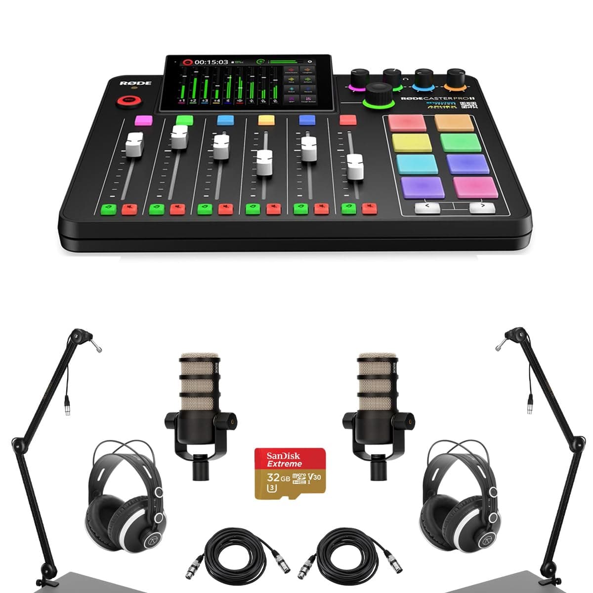 Rode RODECaster Pro II consola de producción kit: 2 micrófonos PodMic, 2 audífonos TAPH500, 2 brazos de micrófono 2 cables XLR M a H, microSD 32GB RCPII RDK2