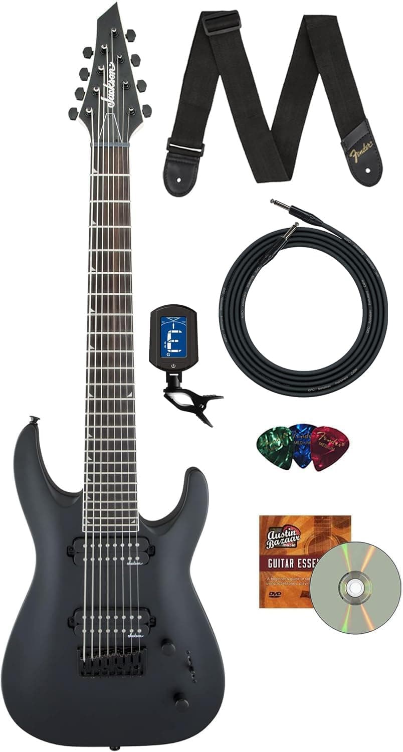 Jackson Dinky Arch Top JS32-8 DKA HT Guitarra Eléctrica 8 Cuerdas Negro Satinado, combo con cable, afinador, correa, púas y DVD Austin Bazaar AUS-2910114568-COMBO-STD
